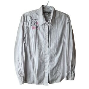 Nine & Company Women's Embroidered Stripe Button Front Shirt Pink Size 14 Cotton